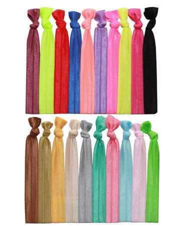 Syleia Pack of 20 Bright and Pastel Hair Ties Ponytail Holders Elastic Ribbon Band Crease Free Hand Knotted Fold Over Ouchless Strong Hold