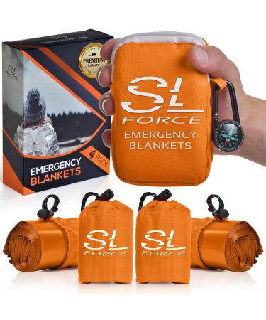 SLFORCE Emergency Blankets for Survival, 4 Pack of Gigantic Space Blanket. Comes with Four Extra-Large Mylar Blankets, Compass, and Zipper Bag. The Best Thermal Space Blankets (4, Orange, Extra Large) X-Large Orange 4