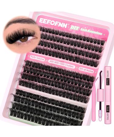 Eefofnn Lash Clusters Kit 60D+80D+100D Fluffy Eyelash Extension Kit Thick Volume Cluster Eyelash Extensions with Lash Bond Seal Tweezers for Beginners 12-18mm DIY Lash Extension Kit 01 kit- Mixed fluffy clusters
