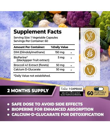 DIM Supplement with Broccoli Extract and BioPerine - Hormone Balance Support for Men and Women - 60 Vegetarian Capsules with Calcium D-Glucarate - Buy Online on GoSupps.com