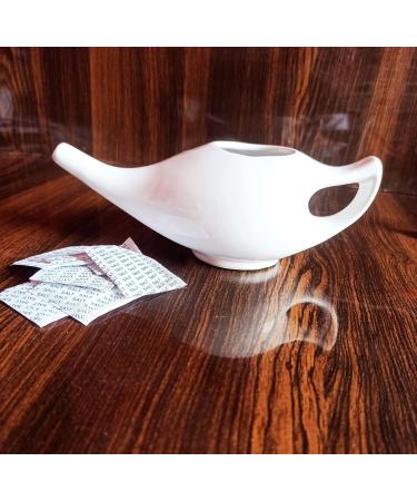 Porcelain Ceramic Neti Pot for Nasal Cleansing - Sinus Relief & Optimal Health | White with Plastic Eye Wash Cup - International Shipping - Buy Online on GoSupps.com