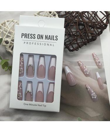 White Coffin Long Square Press on Nails with Cute Flowers Design - Glossy False Nails for Women - Acrylic Stick on Nails with Glue - M3-13 - Buy Online on GoSupps.com