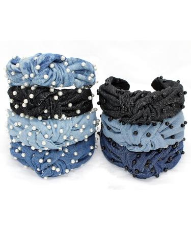 YETASI Blue Denim Pearl Knotted Headband for Women - Comfy & Classy Top Knot Style - Fashionable & Versatile Denim Headband - Buy Online on GoSupps.com