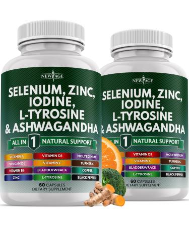 NEW AGE Selenium Zinc Iodine L Tyrosine Ashwagandha - Supplement for Women and Men with Bladderwrack Turmeric Silica Kelp Schisandra - 120 Count 60 Count (Pack of 2)