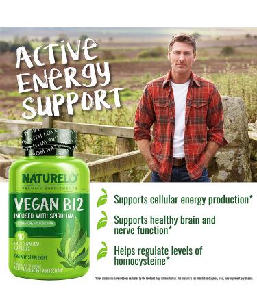 NATURELO Vegan B12 1000 mcg Methylcobalamin with Organic Spirulina - 90 Capsules - Supports Mood, Energy, Heart & Eye Health - Buy Online on GoSupps.com
