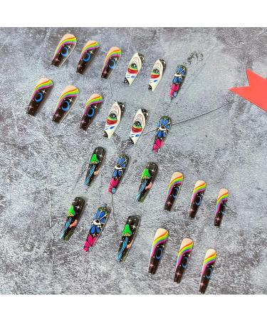 Graffiti Flower Full Cover Coffin Fake Nails with Rainbow Designs - Nail Art Decor for Women & Girls - Buy Online on GoSupps.com