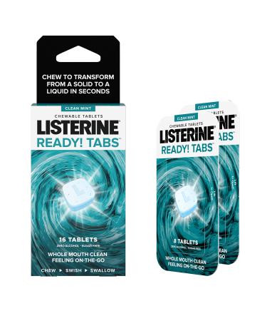 Listerine Ready! Tabs Chewable Mint Tablets with Clean Mint Flavor, Revolutionary 4-Hour Fresh Breath Tablets to Help Fight Bad Breath On-The-Go, Sugar-Free, Alcohol-Free & Kosher, 16 Count