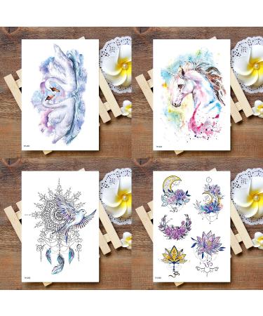 Oottati Fairy Tales Animal Temporary Tattoo Kit - Pink Unicorn Swan Deer Elf Wolf Owl Eagle Elephant Sun Flower Arm - 12 Sheets - Buy Online on GoSupps.com