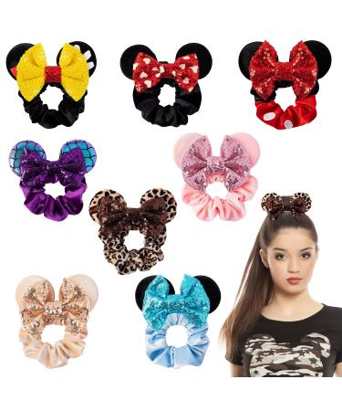 6sisc 8Pcs Mouse Ear Scrunchies Leopard Elastic Hair Bands Cute Ponytail Holder Ties Soft Velvet Sparkle Sequin Bow Scrunchy for Thin or Thick Hairs No Damage Women Accessories for Kids Girls Adults