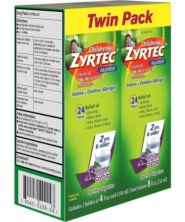 Zyrtec 24 Hr Children's Allergy Syrup - Sugar-Free Grape - Twin Pack 4 fl. oz - Buy Online on GoSupps.com