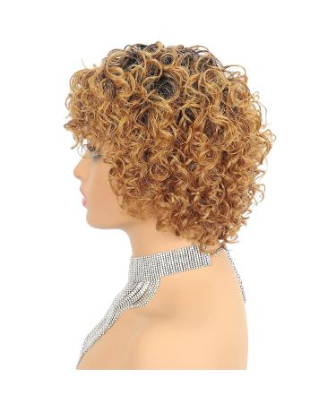 Brown 1B30 Short Curly Wig for Black Women - 8 inch Human Hair Highlights Wig with Bangs - Machine Made Natural Curls for Middle Aged Women - Buy Online on GoSupps.com