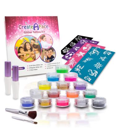 Glitter Tattoo Kit - Amazing Gift Idea for Girls (15 X-Large Color Jars  32 Temporary Tattoos Stencils  2 Glue Applicator & 2 Cosmetic Brushes) Hypoallergenic  Waterproof and Easy to Apply
