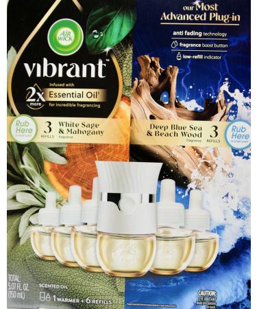 Air Wick Vibrant White Sage & Mahogany and Deep Blue Sea & Beach Wood 6 Refills & 1 Warmer 5.07 FL OZ