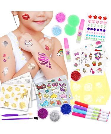 Creative Kids Temporary Body Glitter Tattoo Kit for Kids  150+ Temporary Tattoos for Girls  Unicorn Glitter Art Tattoo Stencils Brushes  Birthday Party Arts & Crafts Gifts for Girls Teen Tween Ages 6+