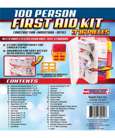 Rapid Care First Aid 804-15-12 100 Person 376 Piece Emergency First Aid Kit  Exceeds 2015 OSHA/ANSI Standards  Wall Mountable  Multi Compartment with Easy Access Tilt Trays Clear/Red Meets OSHA / ANSI 2015 - Buy Online on GoSupps.com