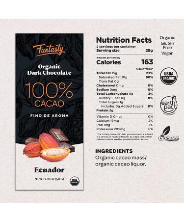 Funtasty 100% Cacao Dark Chocolate Bar - Organic, Vegan, Gluten-Free - 1.76oz (Pack of 6) - Buy Online on GoSupps.com