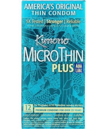 Kimono Microthin Plus Condoms Lubricated with Aqua Lube Water Based Lube, Latex Condom, Natural Feeling for Women, Men, and Couples, Feel Your Partner with This Thin Sensitive Condom, 12 Count 12 Count (Pack of 1)