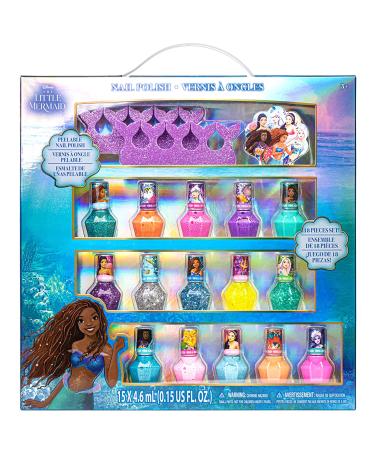 The Little Mermaid Non-Toxic Peel-Off Water-Based Safe Quick Dry Nail Polish| Gift Kit Set for Kids Girls| Glittery and Opaque Colors| Ages 3+ (18 Pcs)