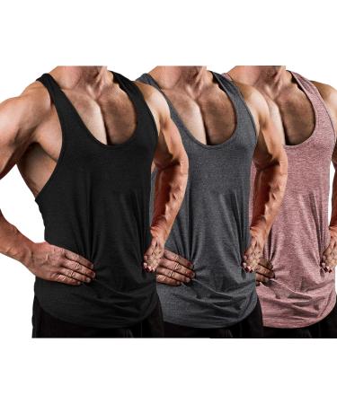 LecGee Mens 3 Pack Gym Tank Tops Y-Back Workout Muscle Tee Sleeveless Fitness Bodybuilding T Shirts X-Large Black/Deep Grey/Orange