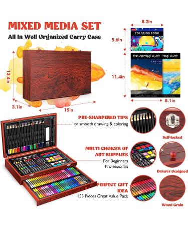 Caliart 153-Pack Deluxe Art Set with Wooden Case and Sketch Pads - Ideal for Drawing, Painting, and Coloring - Creative Gift for Artists, Beginners, Kids - Cherry Color - Buy Online on GoSupps.com