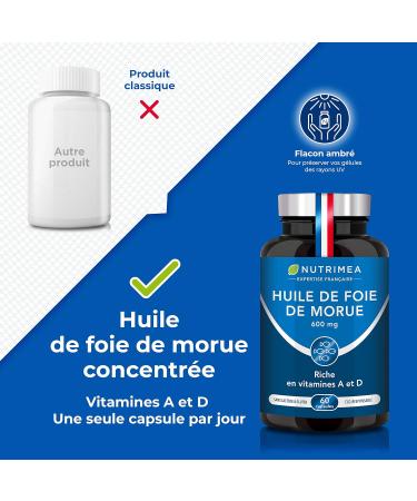 Cod Liver Oil - 600 mg - 100% Vitamins A and D Needs - Immunity - Skin Health - Bone Capital - Premium Quality - 60 Capsules - Nutrimea - Made in France - Buy Online on GoSupps.com