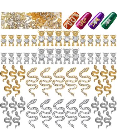 60 Pcs 3D Bear Nail Art Rhinestones and Snake Nail Charms Rhinestones Set  Wave Snake Nail Charms Crystal Bear Nail Charms with Heart Zircon Gold Silver Nail Gems and Charms for DIY Crafts Nail Tips