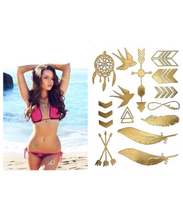 Gold Metallic Temporary Tattoos - 75+ Geometric Henna Designs Moon Stars Arrows Feathers - Waterproof, Non-toxic, Long Lasting - Ideal for Beach, Festivals & More! - Buy Online on GoSupps.com