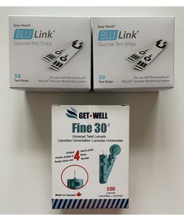 EasyTouch BLU Link 100 CT Blood Glucose Test Strips & GET Well Fine 30g Universal Twist Lancets 100 CT - Made in Canada !