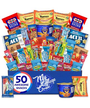 My College Crate Microwave Snack Care Package - 50 Piece Bulk Variety Pack Box for Adults and Kids with Ramen Mix, Popcorn, Mac n Cheese, Assorted Chips, Granola Bars and Candy