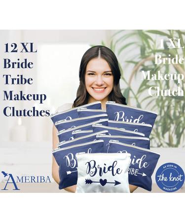 12 Pack Bridesmaids Makeup Bags Set + Bride Bag | Premium XL Natural Cotton Canvas - Bachelorette Party & Bridal Shower Gifts - White & Navy Blue - Buy Online on GoSupps.com