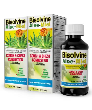 Bisolvine Aloe-Miel Cough Syrup - Effective Cough Suppressant & Expectorant with Guaifenesin & Dextromethorphan for Throat Relief & Mucus Control - Cold & Cough Relief Solution 6 fl oz 2-Pack