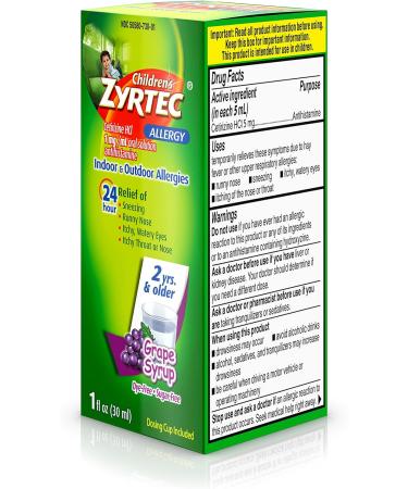 Zyrtec Children's Allergy Syrup | Cetirizine Grape Flavor | Dye & Sugar-Free | 24 Hr Relief - 1 fl. oz - Buy Online on GoSupps.com