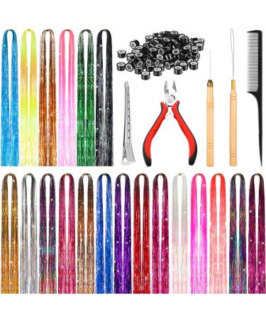 20 Pieces Hair Tinsel Kit  47 Inch 4000 Strands Glitter Holographic Fairy Tinsel Hair Extensions with Pulling Needle Plier 200 Pieces Hair Beads for Women Girls Halloween Christmas  20 Colors
