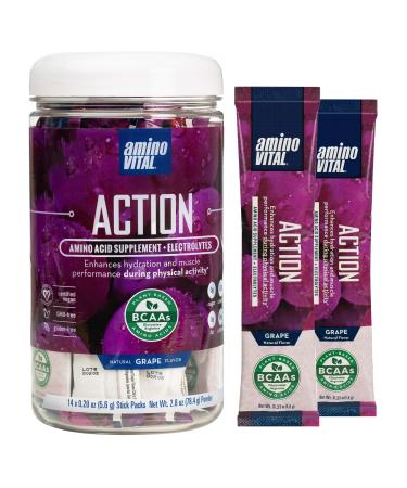 Amino VITAL Action- BCAA Amino Acids Pre Workout Packets with Electrolytes for Energy | No Caffeine, Keto, Vegan Supplement | 14 Single Serve | Grape Grape 14 Count (Pack of 1)