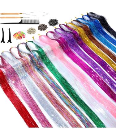 Hair Tinsel Kit (48 Inch  16 Colors  4000 strands)  Tinsel Hair Extensions with Tools  Heat Resistant Glitter Hair Tinsel Kit for Girls Women Hair Accessories