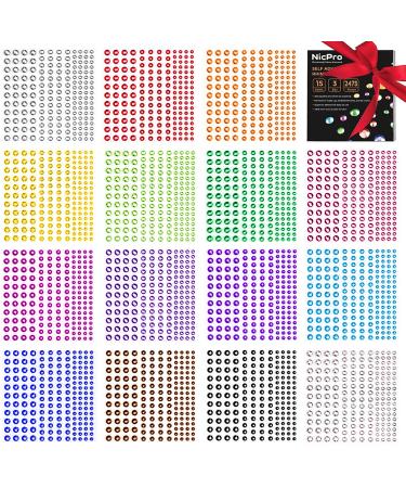 Rhinestone Stickers 2475 PCS, Nicpro Self Adhesive Face Gems Stick on Body Jewels Crystal in 3 Size 15 Colors,15 Embellishments Sheet for Decorations Crafts Nail Makeup 15 Sheets