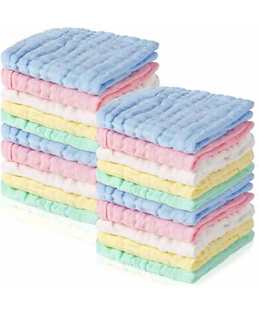 20 Pack Baby Muslin Washcloths Natural Muslin Cotton Baby Wipes Soft Newborn Baby Face Towel Absorbent Muslin Washcloth for Sensitive Skin Baby 12x12 inches (Blue White Green Yellow Pink)