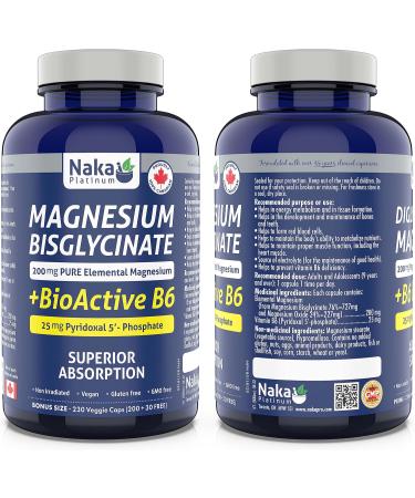 Naka Platinum Magnesium Bisglycinate (400mg PURE Elemental Magnesium) + BioActive B6 (15mg Pyridoxal 5' Phsphate) Unflavour Made in Canada (230 vcaps) 230 Count (Pack of 1) - Buy Online on GoSupps.com