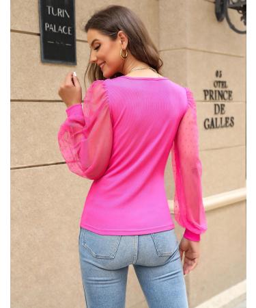 Fayenne Womens Tops Deep V Neck Cross Wrap Sexy Tops Polka Dot Mesh Long Sleeve T Shirt Casual Blouses M Hot Pink - Buy Online on GoSupps.com