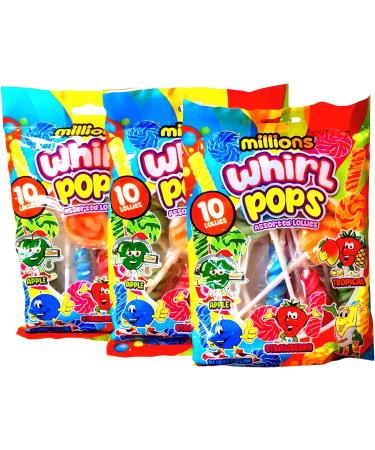 Millions Mini Whirl Pops Assorted Flavors 3 Bag Bundle 100g Each with 10 Lollipops Per Bag - Buy Online on GoSupps.com