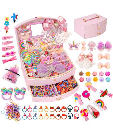 Hair Accessories Including Jewelry Box Clips Barrettes Ties Bows - Gift for Teen Girls Age 3-12 Double Hair Accessories Box Set