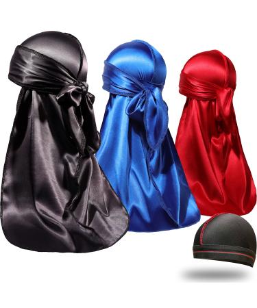 ForceWave 4 Pieces Silky Durags and Wave Cap Pack for Men Waves Moisture-Tech Fabric Satin Du-Rag Blue+red+black