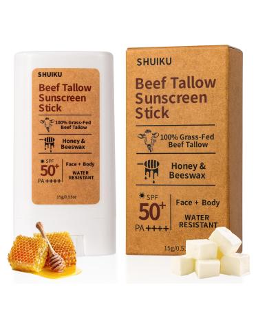 Beef Tallow Sunscreen Organic Stick SPF 50 Tallow-Based Mineral Sunscreen with Honey & Beeswax for Face & Body Water-Resistant Natural Sunblock 0.53 oz