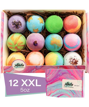 Ahila power of healing 12 XXL Bubbly Organic Bath Bombs Gift Set for Women Men and Kids Designed in Canada Long Lasting Floaters Relaxing Aromatherapy Rich in Pure Essential Oils Healing Properties