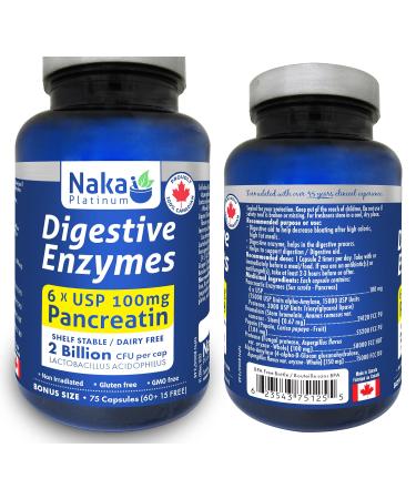 75 caps Naka Platinum Digestive Enzymes 6 X USP 100mg Pancreatin 2 Billion CFU per cap SHELF STABLE/DAIRY FREE Made in Canada