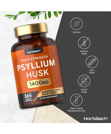 Psyllium Husk Capsules 1400mg - 365 Vegan Capsules | High Strength Fibre Supplement with Natural Prebiotic | by Horbaach - Buy Online on GoSupps.com