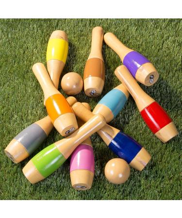 Hey! Play! 9.5 Inch Lawn Bowling Game Set - Fun Indoor and Outdoor Skittle Ball for Toddlers, Kids, and Adults - Includes 10 Wooden Pins, 2 Balls, and Mesh Bag - Buy Online on GoSupps.com