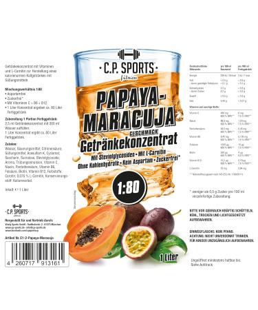 Buy C.P.Sports Sugar-Free Beverage Concentrate 1:80 - 80L Fitness Drink with L-Carnitine & Vitamins - Papaya-Maracuja Flavor + Dosing Pump - Buy Online on GoSupps.com