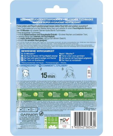 Garnier Cloth Mask Face Mask for Moisture Needing Skin Revitalising and Moisturising with Hyaluronic Acid and Pomegranate Extract Hydra Bomb 28 g - Buy Online on GoSupps.com