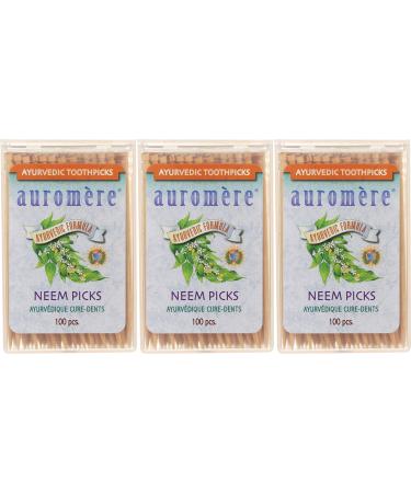 Auromere Ayurvedic Neem Toothpicks - Vegan, Natural, Non GMO, Made from Birchwood (100 Count), 3 Pack